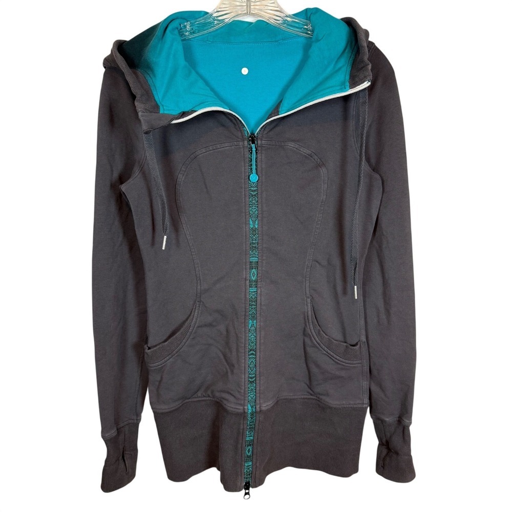 Vintage Lululemon Scuba Full-Zip Hoodie Charcoal and Turquoise Aztec Trim Size 6
